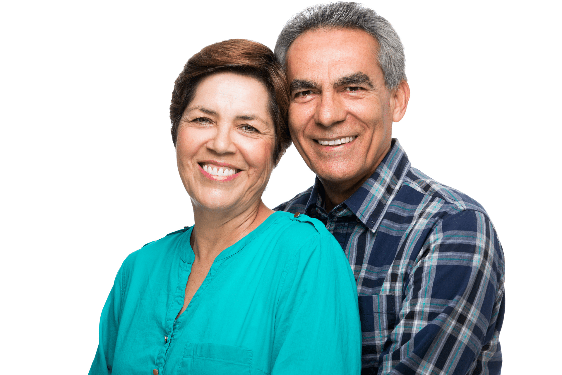 Smiling mature couple with straight white smiles posing together.